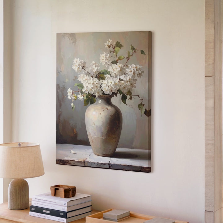 Vintage Still Life Canvas – White Flowering Branches in Ceramic Vase - Gifitto
