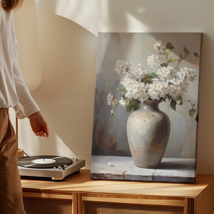 Vintage Still Life Canvas – White Flowering Branches in Ceramic Vase - Gifitto