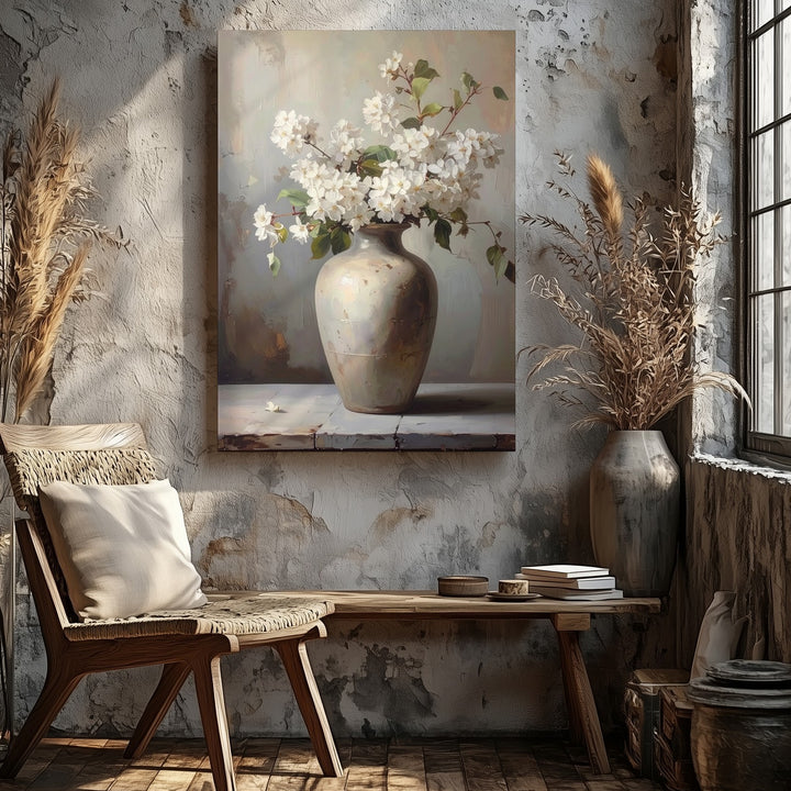Vintage Still Life Canvas – White Flowering Branches in Ceramic Vase - Gifitto