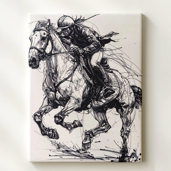 Raw Ride Canvas – Abstract Black & White Sketch of Horse and Rider - Gifitto