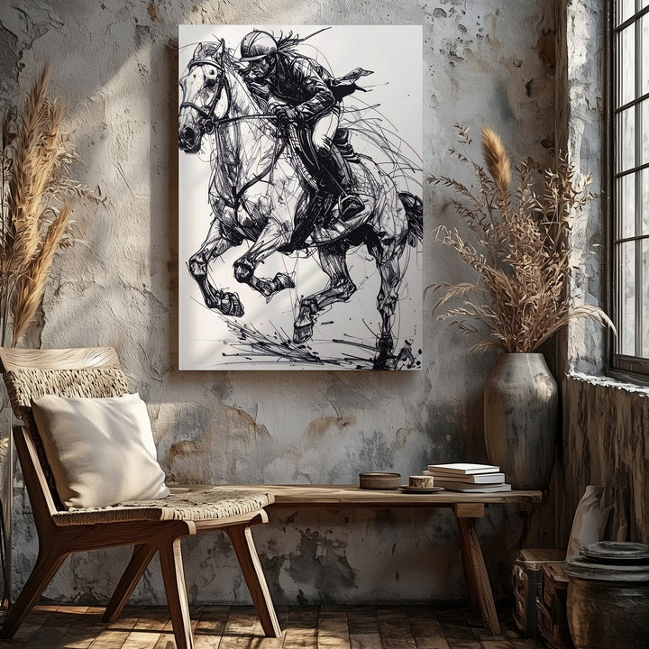 Raw Ride Canvas – Abstract Black & White Sketch of Horse and Rider - Gifitto