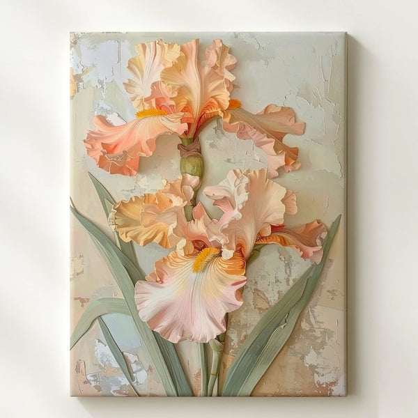 Stylized Iris Relief Canvas – Soft Pastel Flower Artwork - Gifitto