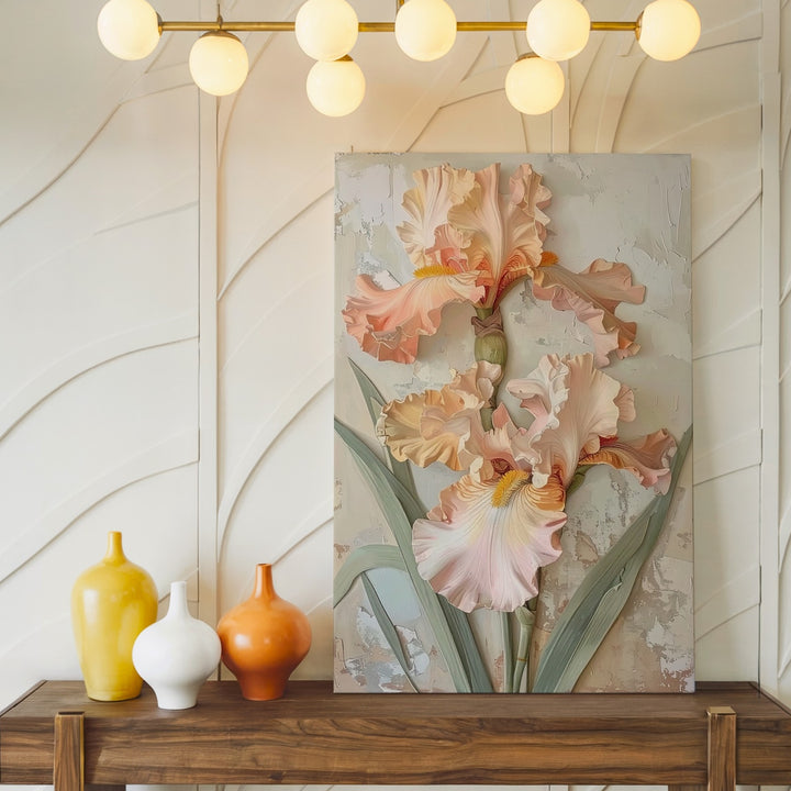 Stylized Iris Relief Canvas – Soft Pastel Flower Artwork - Gifitto