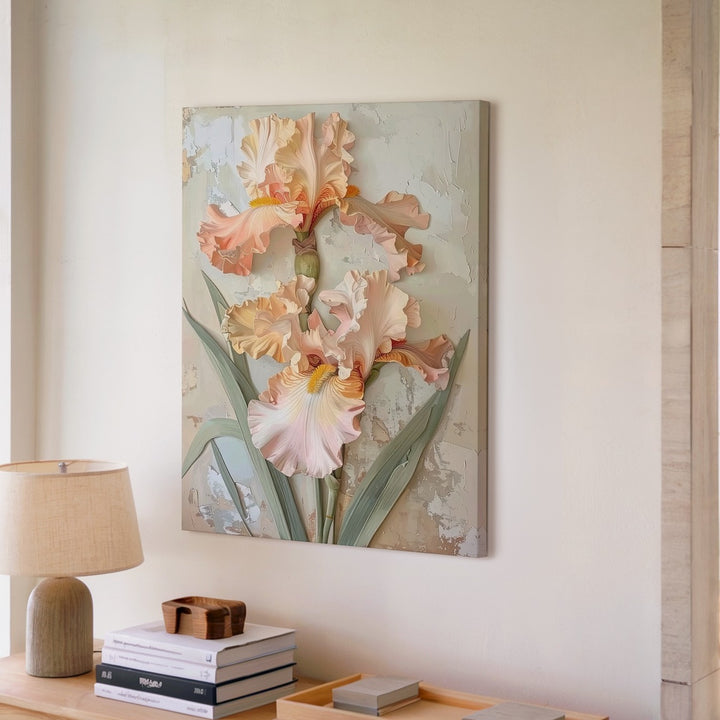 Stylized Iris Relief Canvas – Soft Pastel Flower Artwork - Gifitto