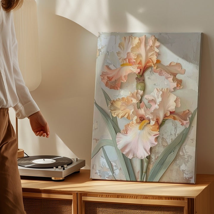 Stylized Iris Relief Canvas – Soft Pastel Flower Artwork - Gifitto
