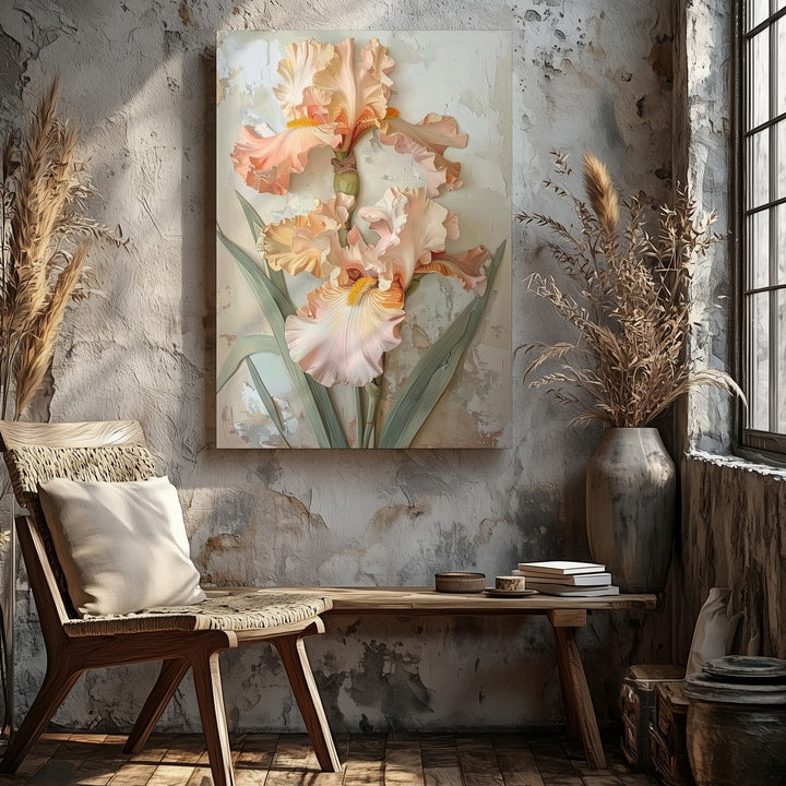 Stylized Iris Relief Canvas – Soft Pastel Flower Artwork - Gifitto