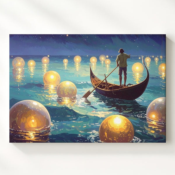 Celestial Gondola Canvas – Dreamlike Night Scene with Luminous Sea Wall Art - Gifitto