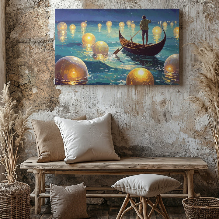 Celestial Gondola Canvas – Dreamlike Night Scene with Luminous Sea Wall Art - Gifitto