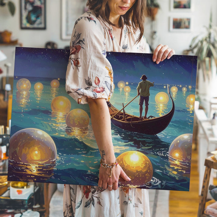 Celestial Gondola Canvas – Dreamlike Night Scene with Luminous Sea Wall Art - Gifitto