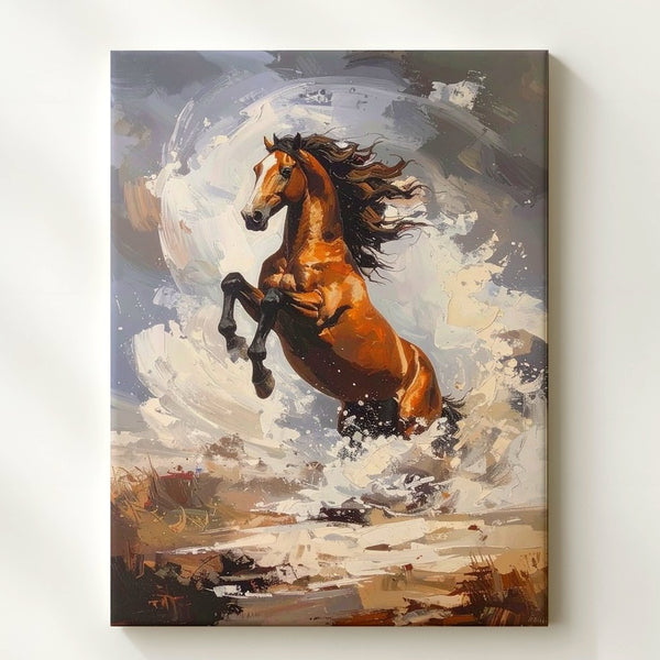 Stormborn Rebellion Canvas – Rearing Chestnut Horse in Swirling Motion - Gifitto