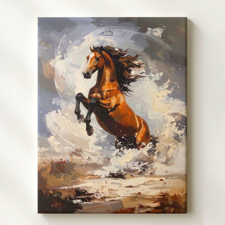 Stormborn Rebellion Canvas – Rearing Chestnut Horse in Swirling Motion - Gifitto