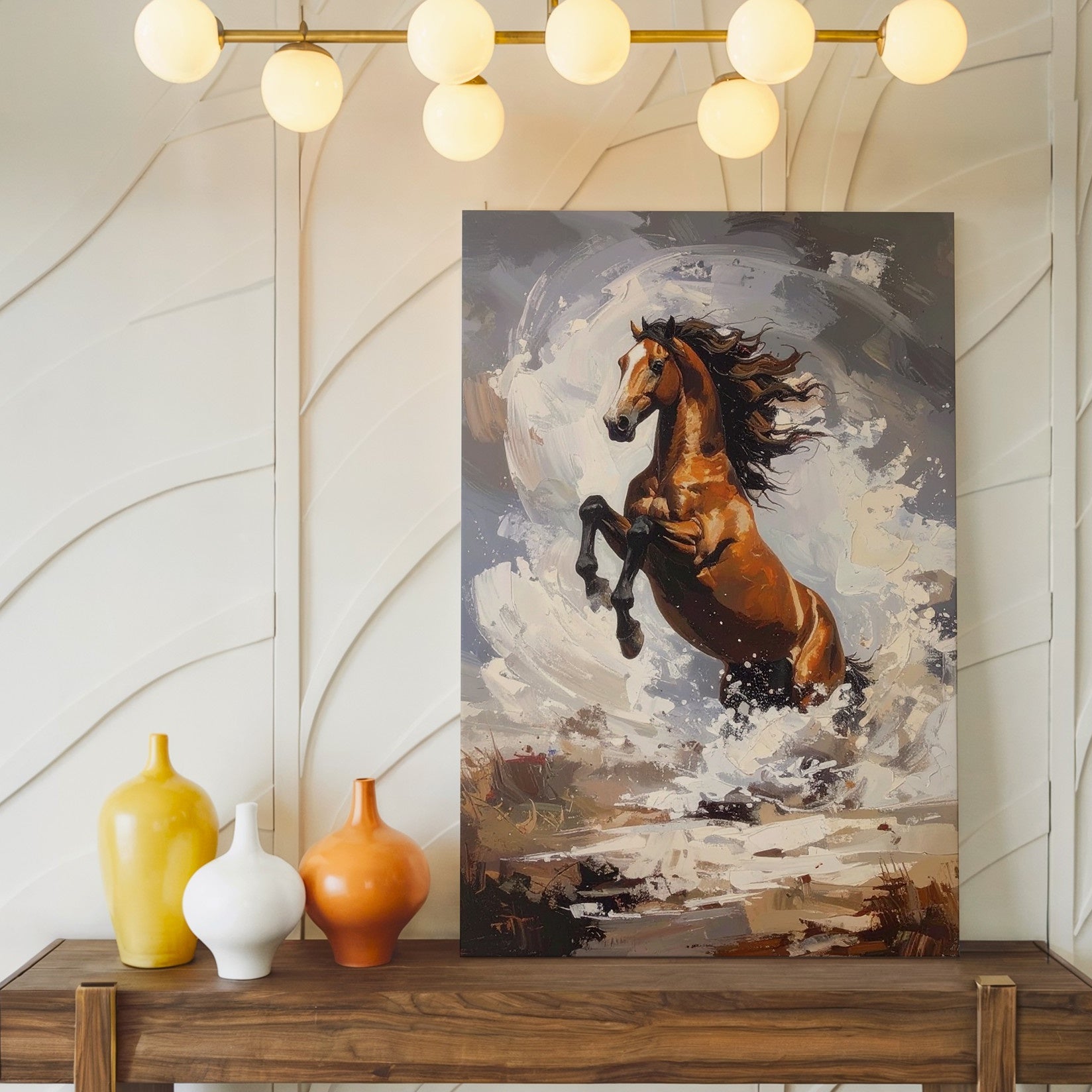 Stormborn Rebellion Canvas – Rearing Chestnut Horse in Swirling