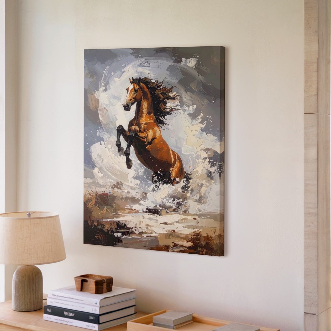 Stormborn Rebellion Canvas – Rearing Chestnut Horse in Swirling