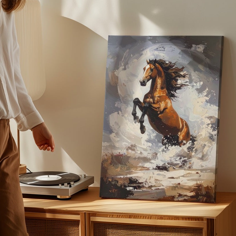 Stormborn Rebellion Canvas – Rearing Chestnut Horse in Swirling