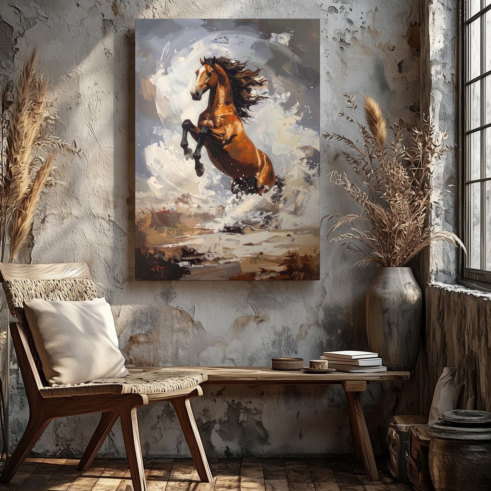 Stormborn Rebellion Canvas – Rearing Chestnut Horse in Swirling