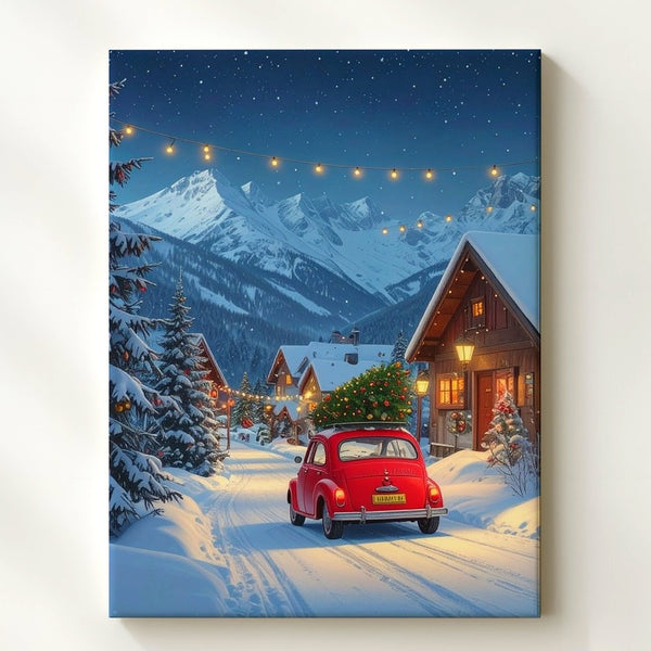 Fiat 500 Christmas Canvas – Vintage Holiday Scene in Snowy Mountain Village - Gifitto