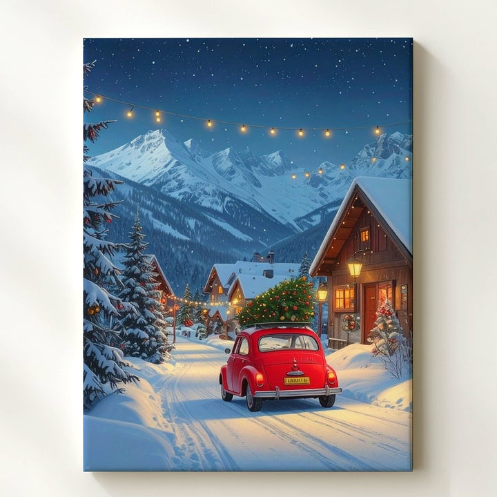 Fiat 500 Christmas Canvas – Vintage Holiday Scene in Snowy Mountain Village - Gifitto