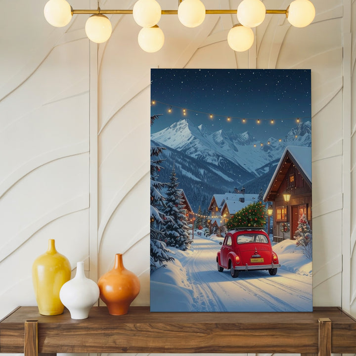 Fiat 500 Christmas Canvas – Vintage Holiday Scene in Snowy Mountain Village - Gifitto