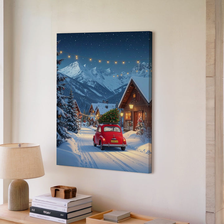 Fiat 500 Christmas Canvas – Vintage Holiday Scene in Snowy Mountain Village - Gifitto