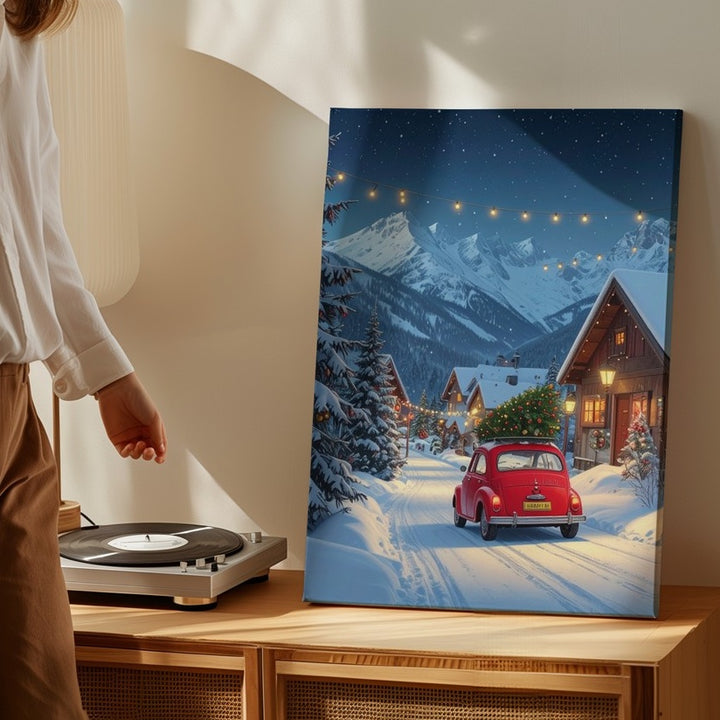 Fiat 500 Christmas Canvas – Vintage Holiday Scene in Snowy Mountain Village - Gifitto