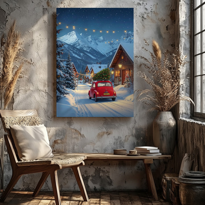Fiat 500 Christmas Canvas – Vintage Holiday Scene in Snowy Mountain Village - Gifitto