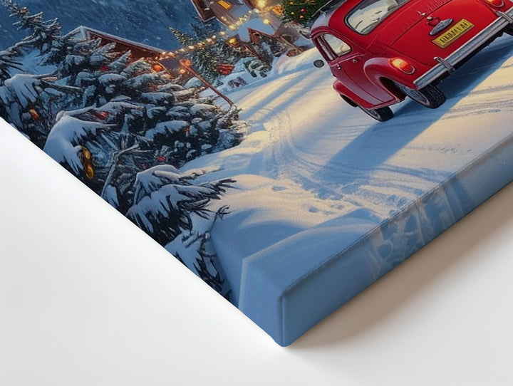 Fiat 500 Christmas Canvas – Vintage Holiday Scene in Snowy Mountain Village - Gifitto