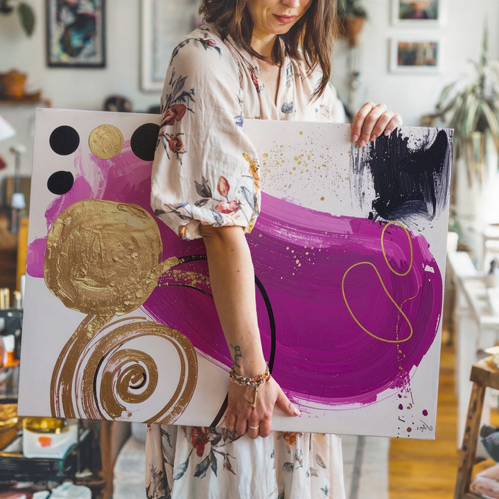 Dynamic Abstract Magenta & Gold Canvas – Modern Geometric Art - Gifitto