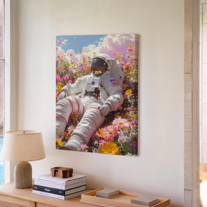 Astronaut in Flower Field Canvas – Peaceful Space Exploration & Whimsical Serenity Art - Gifitto