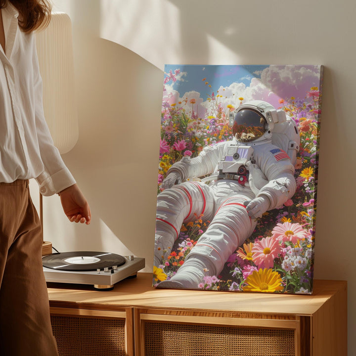Astronaut in Flower Field Canvas – Peaceful Space Exploration & Whimsical Serenity Art - Gifitto