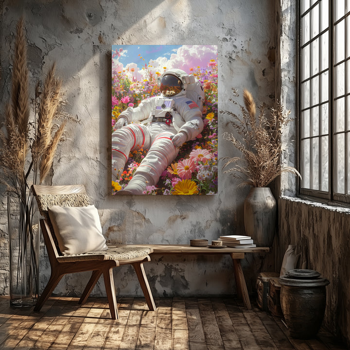 Astronaut in Flower Field Canvas – Peaceful Space Exploration & Whimsical Serenity Art - Gifitto