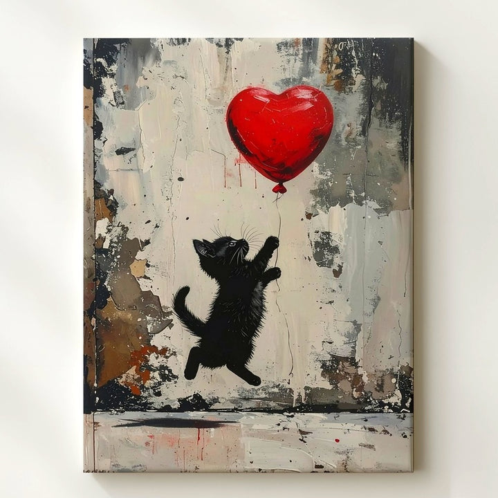 Banksy-Style Kitten & Heart Balloon Canvas – Urban Street Art Cat Print - Gifitto