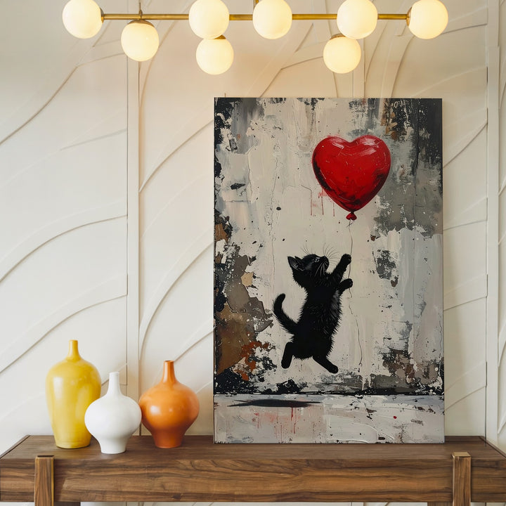 Banksy-Style Kitten & Heart Balloon Canvas – Urban Street Art Cat Print - Gifitto