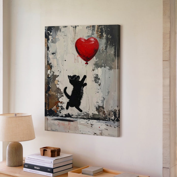 Banksy-Style Kitten & Heart Balloon Canvas – Urban Street Art Cat Print - Gifitto