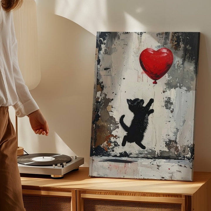 Banksy-Style Kitten & Heart Balloon Canvas – Urban Street Art Cat Print - Gifitto