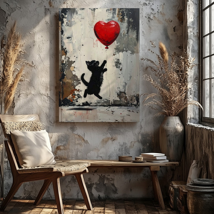 Banksy-Style Kitten & Heart Balloon Canvas – Urban Street Art Cat Print - Gifitto
