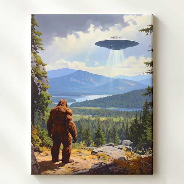 Bigfoot UFO Encounter Canvas – Mysterious Creature & Hovering UFO Art - Gifitto