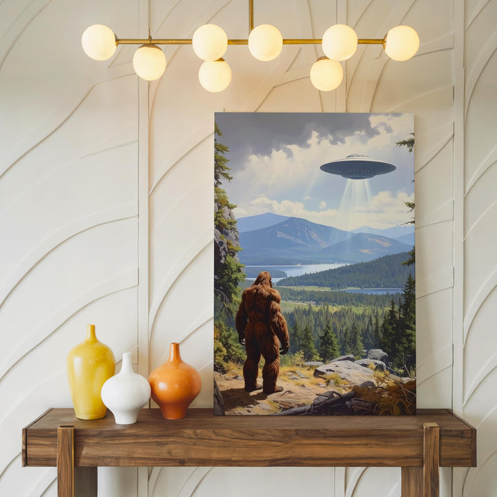 Bigfoot UFO Encounter Canvas – Mysterious Creature & Hovering UFO Art - Gifitto