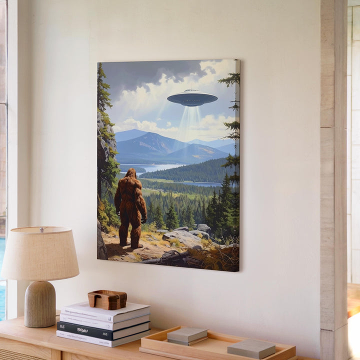 Bigfoot UFO Encounter Canvas – Mysterious Creature & Hovering UFO Art - Gifitto