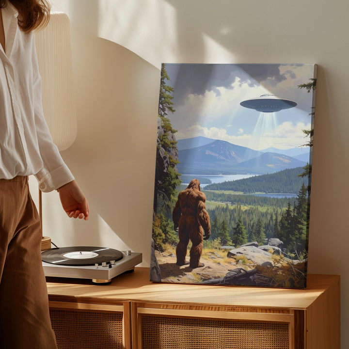 Bigfoot UFO Encounter Canvas – Mysterious Creature & Hovering UFO Art - Gifitto