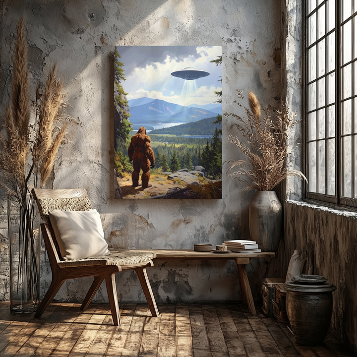 Bigfoot UFO Encounter Canvas – Mysterious Creature & Hovering UFO Art - Gifitto