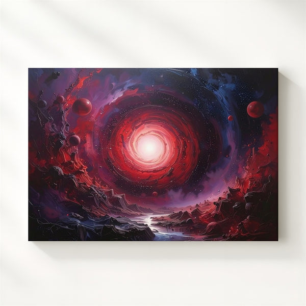 Crimson Spiral Galaxy Canvas – Dark Cosmic Scene with Planets & Debris - Gifitto
