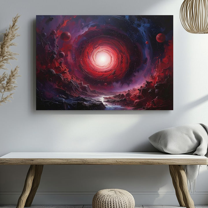 Crimson Spiral Galaxy Canvas – Dark Cosmic Scene with Planets & Debris - Gifitto