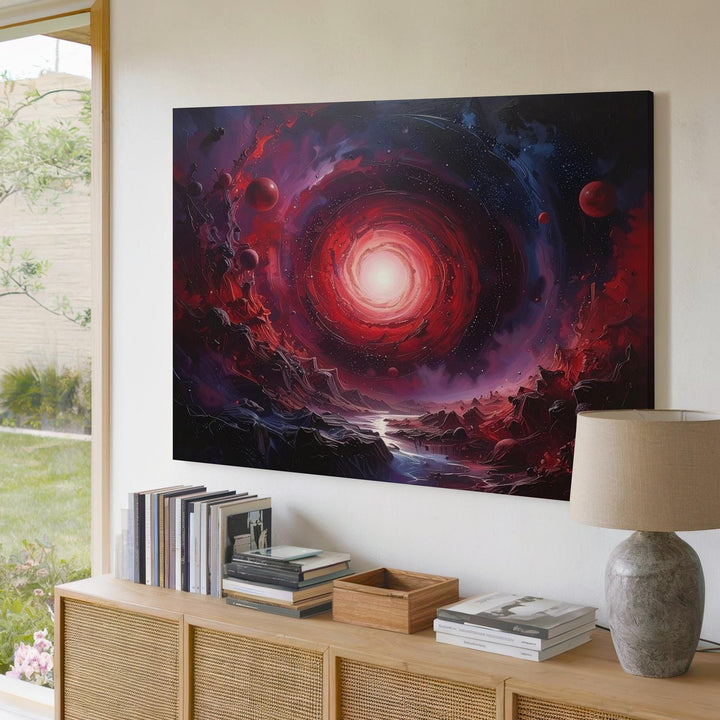 Crimson Spiral Galaxy Canvas – Dark Cosmic Scene with Planets & Debris - Gifitto
