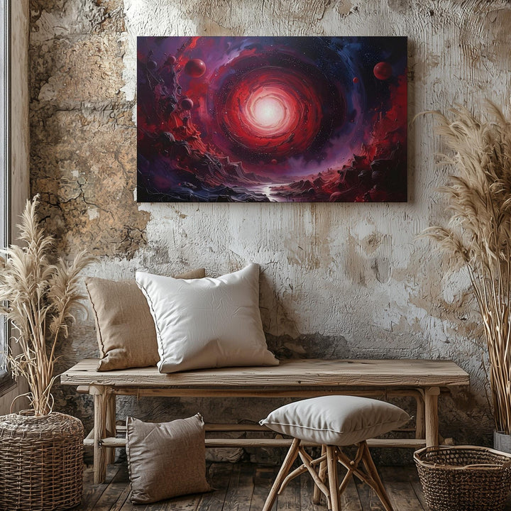 Crimson Spiral Galaxy Canvas – Dark Cosmic Scene with Planets & Debris - Gifitto