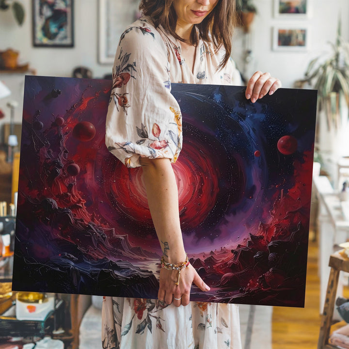 Crimson Spiral Galaxy Canvas – Dark Cosmic Scene with Planets & Debris - Gifitto
