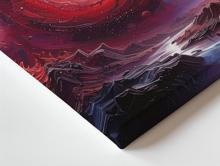 Crimson Spiral Galaxy Canvas – Dark Cosmic Scene with Planets & Debris - Gifitto