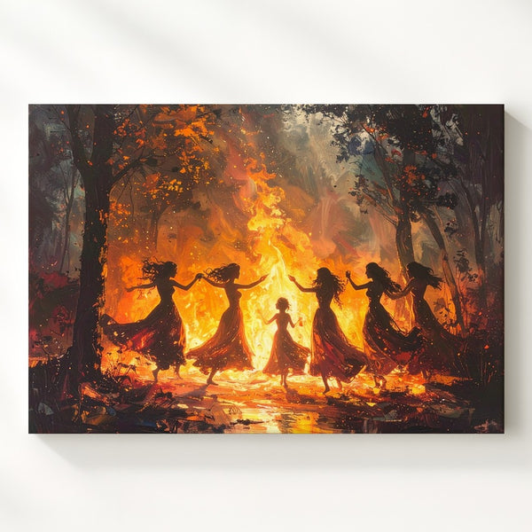 Mystical Ritual Canvas – Female Figures Dancing Around Bonfire in Dark Forest Wall Art - Gifitto