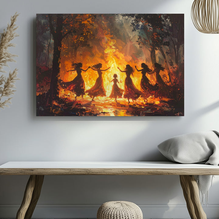 Mystical Ritual Canvas – Female Figures Dancing Around Bonfire in Dark Forest Wall Art - Gifitto
