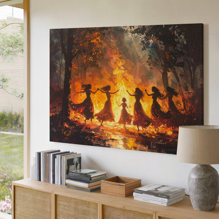 Mystical Ritual Canvas – Female Figures Dancing Around Bonfire in Dark Forest Wall Art - Gifitto