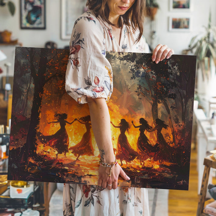Mystical Ritual Canvas – Female Figures Dancing Around Bonfire in Dark Forest Wall Art - Gifitto